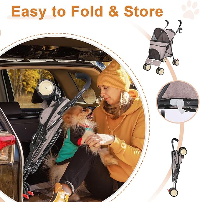 Umbrella Dog Stroller, 4 Wheels Pet Strolling, Foldable Carrier Pet Stroller for Small Dogs Cats, with Carrying Strap and Cup Holder, Dog Poop Bags &amp; Dispenser, Up to 33 lbs, Coffee