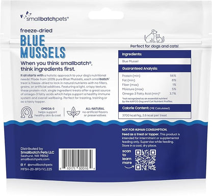 smallbatch Pets Freeze Dried Cat &amp; Dog Treats, 2oz - 100% Blue Mussels, Organic High Protein Treats, Omega 3 Fatty Acids, Gluten Free, Grain Free, Made in The USA, Ethically Sourced, Single Protein