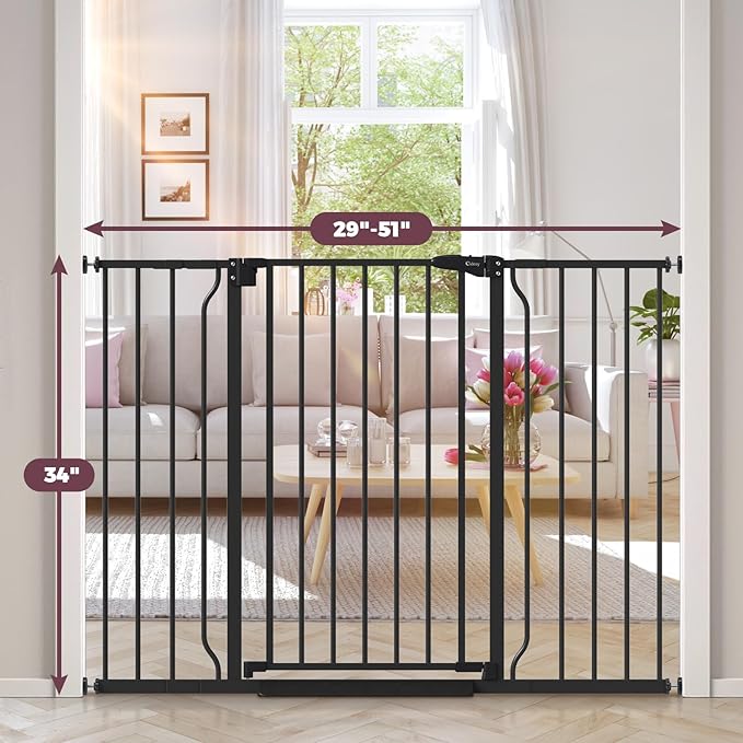34" Extra Tall Baby Gate for Stairs, Auto Close Stroller Friendly Dog Gate Indoor for Doorways, Pressure Mounted 29"-51" W Baby Gate, Easy Walk Through Gate for Children &amp; Pets, Black