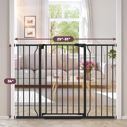34" Extra Tall Baby Gate for Stairs, Auto Close Stroller Friendly Dog Gate Indoor for Doorways, Pressure Mounted 29"-51" W Baby Gate, Easy Walk Through Gate for Children &amp; Pets, Black