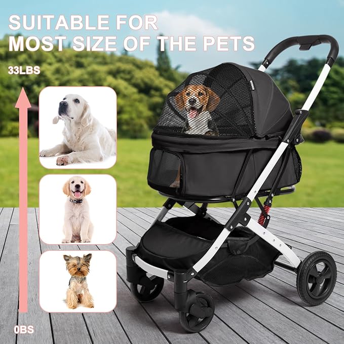 Pet Stroller for Medium Small Dog &amp; Cat, Foldable Lightweight Dog Stroller with Storage Basket Pet Travel Carriage with Safety Leashes, 4 Wheel, Black