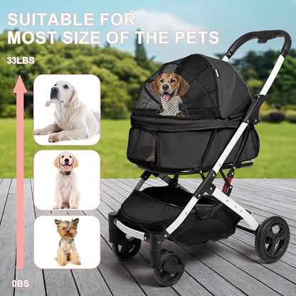 Pet Stroller for Medium Small Dog &amp; Cat, Foldable Lightweight Dog Stroller with Storage Basket Pet Travel Carriage with Safety Leashes, 4 Wheel, Black