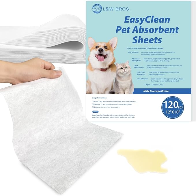 L&amp;W BROS. Easy Clean Pet Quick Absorbent Sheets – Innovative Solution for Mess-Free Cleanup Not Traditional Pee Pads, 12"x10" for Urine and Pet Stain &amp; Odor Remover (120 PCS)