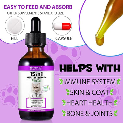 Liquid Multivitamin for Cat, 15 in 1 Cats Multivitamin Liquid Drops Supplements for Skin &amp; Coat, Heart Health, Bones and Joint, Cat Vitamins with Glucosamine and MSM, Immune System Support -60ml
