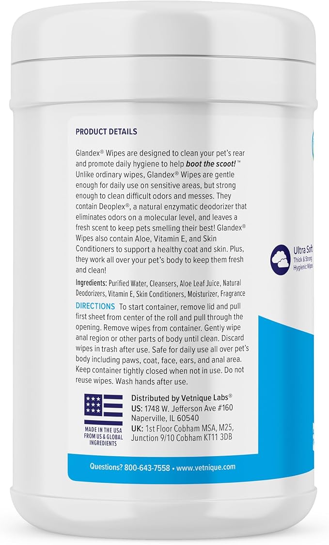 Vetnique Labs Glandex Dog Wipes for Pets Cleansing &amp; Deodorizing Anal Gland Hygienic Dog &amp; Cat Wipes with Vitamin E, Skin Conditioners and Aloe (75ct)