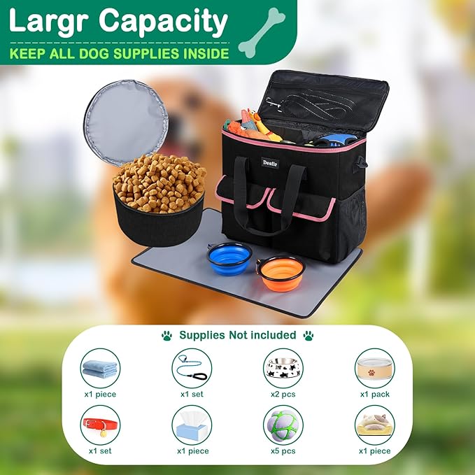 Large Pet Travel Bag Organizer - Dog &amp; Cat Tote with Food Containers, Bowls, Feeding Mat, Perfect for Camping, Hiking (Multi-Pocket Design)