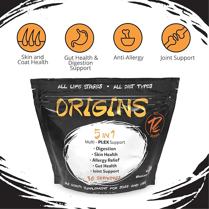 Origins 5-in-1 Dog Supplement - Powdered Food Topper w/Natural Omega 3 Fish Oil - Supports Healthy Digestion, Skin, and Coat - Helps Reduce Itching &amp; Joint Inflammation (2 lbs)