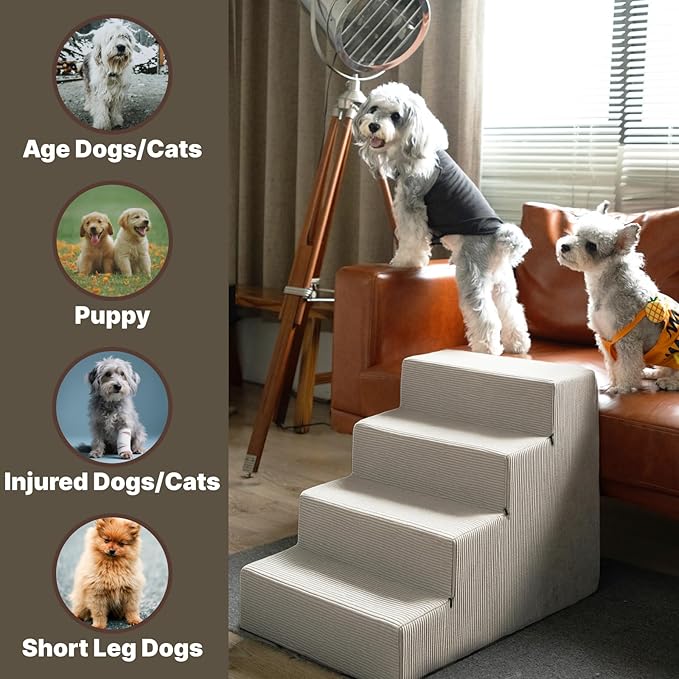 MEWANG Dog Stairs for Small &amp; Medium Dogs and Old Cats –3/4/ 5 Steps High-Density Foam Pet Ramp for Bed &amp; Couch, Non-Slip, Washable Cover, Grey (Square Corner, 4 Steps: 23.94&