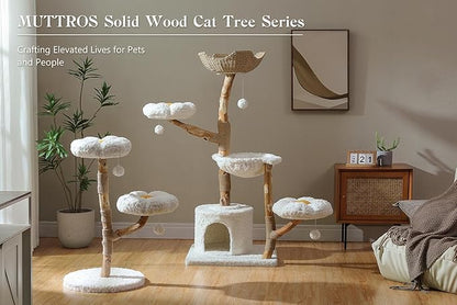 59" Modern Cat Tree Tower for Large Cats w/2 Flower Perches-Natural Solid Wood Scratching Post with Real Branch-Luxury Boho Cat Furniture w/Condo &amp; Wicker Basket Bed, Cloud White