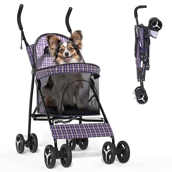 Magshion Compact Pet Stroller for Small-Medium Dogs/Cats up to 22lbs, 4-Wheel Lightweight Umbrella Shaped Portable Puppy Travel Jogger with Breathable Mesh &amp; Rear Storage, Plaid