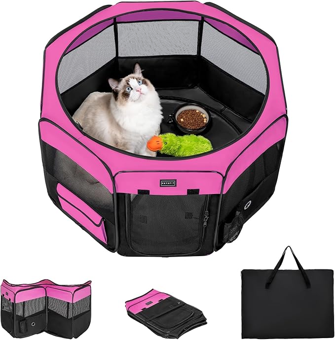 PETSFIT 29" Puppy Playpen with Removable Waterproof Mat &amp; Zippered Roof | RV, Camping, Travel Dog Pen | Indoor/Outdoor Whelping &amp; Cat Observation Space(29.5"x29.5"x16.5"H)