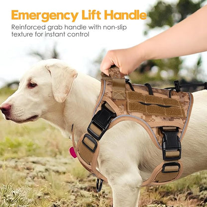 Heavy-Duty Tactical Dog Harness for Large Dogs, No Pull Adjustable Reflective Pet Vest with Molle System, K9 Military-Grade Control for Service Training, Outdoor &amp; 10+ Breeds, Khaki Camo, Medium