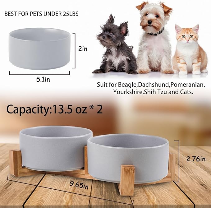 Petygooing Ceramic Dog Bowl Set with Wood Stand, Grey, 13.5OZ/5.1 in, Suitable for Cats &amp; Small Dogs