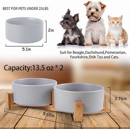 Petygooing Ceramic Dog Bowl Set with Wood Stand, Grey, 13.5OZ/5.1 in, Suitable for Cats &amp; Small Dogs