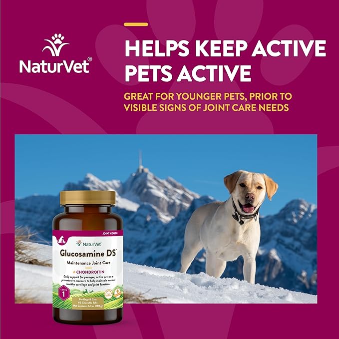 NaturVet Glucosamine DS Level 1 Maintenance Care Hip &amp; Joint Support Pet Supplement for Dogs &amp; Cats –Glucosamine, Chondroitin, Antioxidants –Supports Cartilage, Joint Function – 60 Ct.