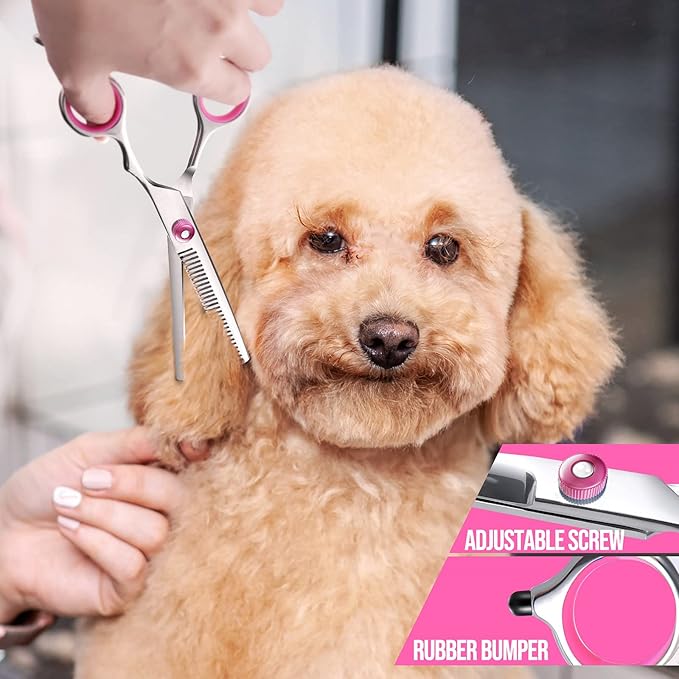 Gimars Dog Grooming Scissors Kit Professional 4CR with Safety Round Tip, 5 in 1 Heavy Duty Titanium Coated Thinning &amp; Curved &amp; Straight Shears