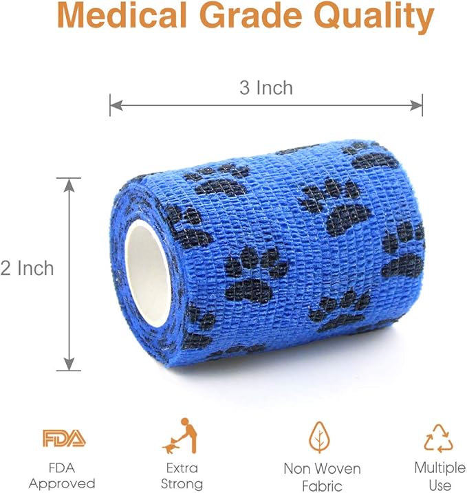 AUPCON Vet Wrap Cohesive Bandages Bulk Self Adhesive Bandage Wrap Self Adherent Wrap Non-Woven for Dogs Pet Animals &amp; Ankle Sprains &amp; Swelling (3 Inch Blue Claw)