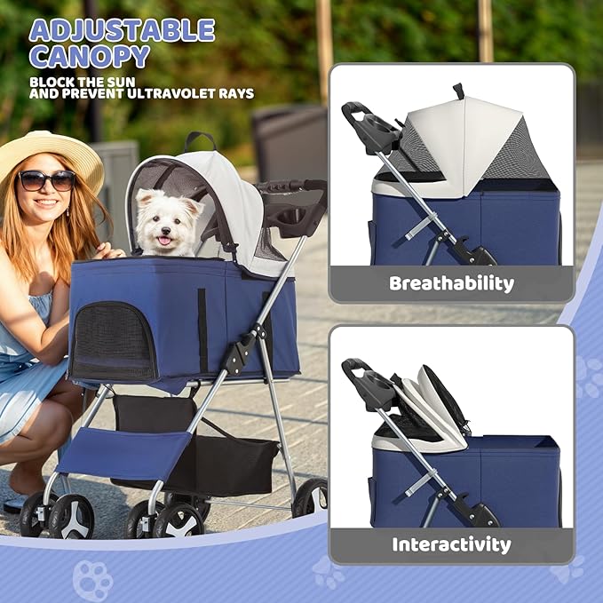Magshion Foldable Pet Stroller, 3-in-1 Dog Travel Jogger with Detachable Carrier, Cup Holder, Storage Basket, Folding Carrier for Small/Medium Dogs &amp; Cats Up to 33 lbs, Navy Blue