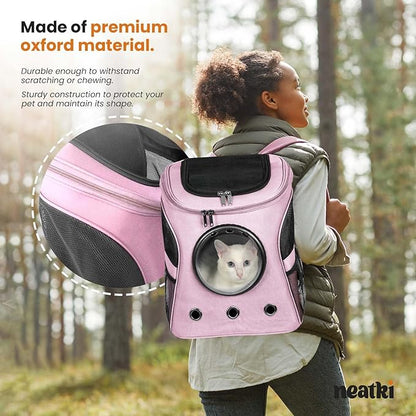 Cat Backpack Carrier, Airline Approved, Space Capsule Bubble Design, Ideal for Cats &amp; Dogs up to 28-35 lbs, with Strong Straps, Safety Zippers, Mesh, Comfortable for Hiking &amp; Travel (Pink)