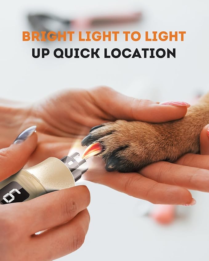 YABIFE 7-Speed Pet Nail Grinder with Light – Heavy Duty, Whisper Quiet Nail Trimmer for Dogs, Cats, Birds &amp; Small Animals – Single-Handed Operation