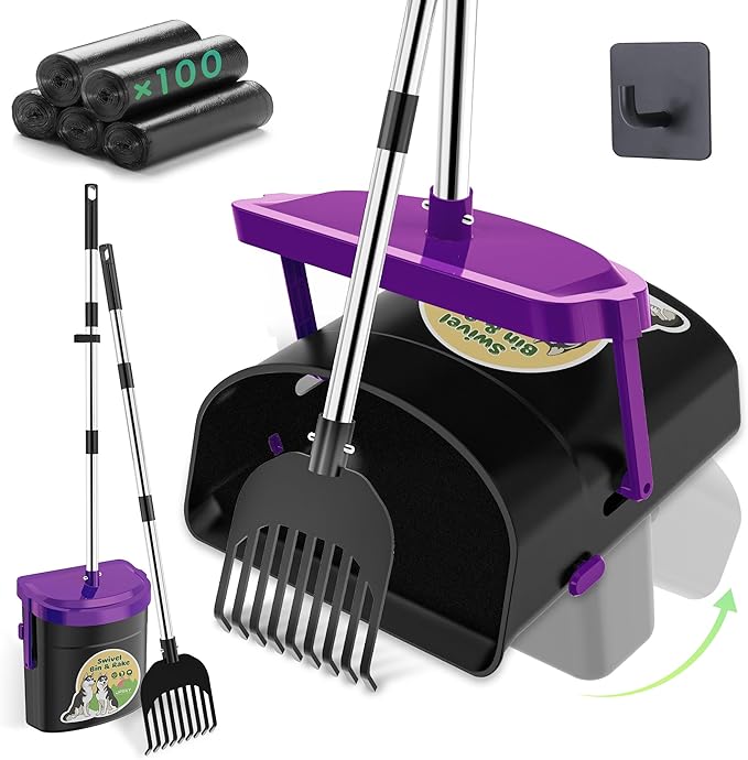 UPSKY Dog Pooper Scooper Swivel Bin &amp; Rake Kit with 100 Waste Bags,33.4" Stainless Steel Long Handle Heavy Duty Pet Poop Shovel for Large Medium Small Dogs, Odor-Proof Lid for Yard/Lawn/Outdoor Use