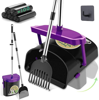 UPSKY Dog Pooper Scooper Swivel Bin &amp; Rake Kit with 100 Waste Bags,33.4" Stainless Steel Long Handle Heavy Duty Pet Poop Shovel for Large Medium Small Dogs, Odor-Proof Lid for Yard/Lawn/Outdoor Use
