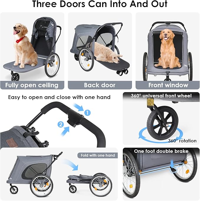 R8 Extra Large Foldable Pet Stroller, Dog Stroller &amp; Pet Trailer for Large Dogs Under 100 lbs, Unmovable, Disabled &amp; Pregnant Dogs - Conveniently Carriable by Bike and Car, Grey