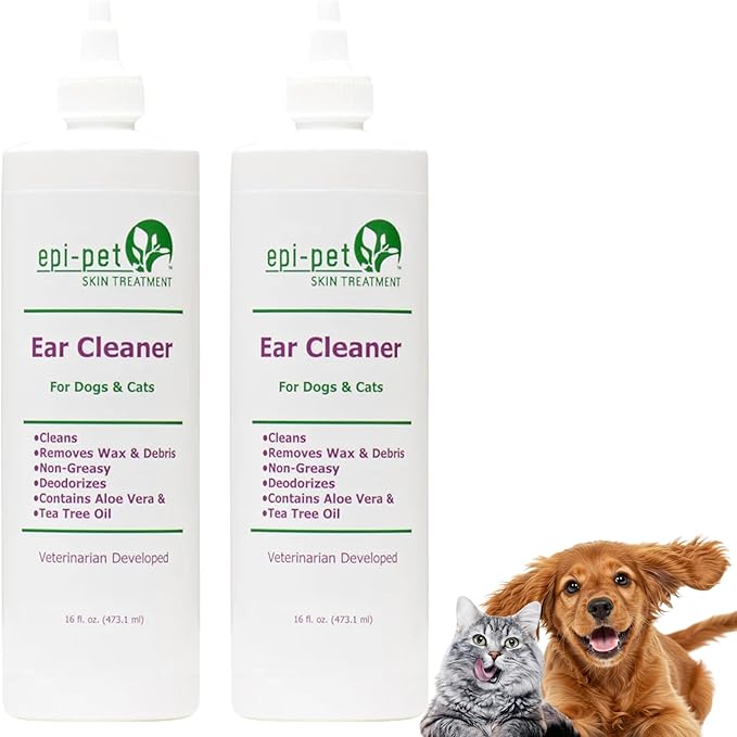 Dog &amp; Cat Ear Cleaner Solution with Aloe Vera &amp; Tea Tree Oil – Removes Itchy Ear Wax, Debris, Odor – Ears Wash, Drops &amp; Flush for Pets, Dog Ears Cleaning, Cat Cleaner (16 oz- Pack of 2)