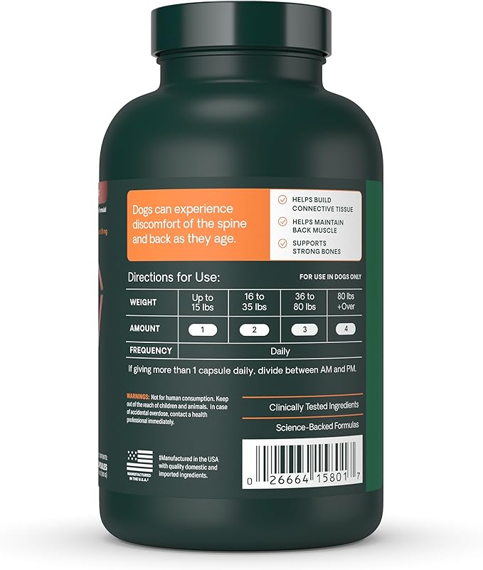 VetriScience Healthy Spine &amp; Disc Easy-Open Capsules, Back &amp; Spinal Support Chondroitin &amp; Taurine Supplement for Dogs, Perfect for Dachshunds, Corgis, Frenchies &amp; More, 180 Count