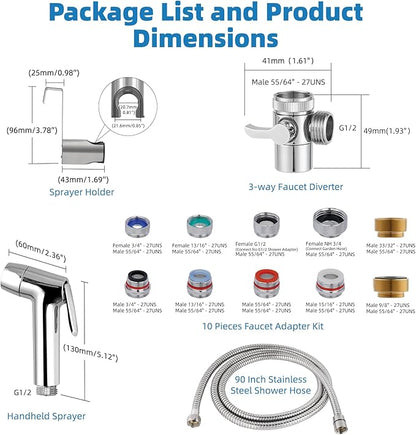 Hibbent Sink Faucet Hose Sprayer Attachment with 10 Adapters - Dual Function Handheld Bidet, Rinser &amp; Shower Head - for Feminine Hygiene, Baby Diaper Cleaning &amp; Pet Bathing