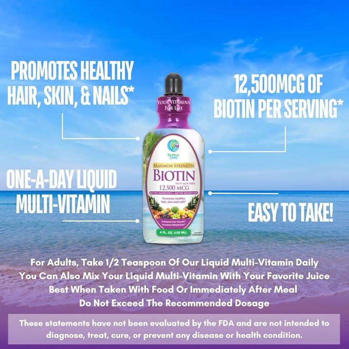 Maximum Strength Liquid Biotin Drops w/ 12,500 MCG – Best Vitamins for Fast Hair Growth, Reduced Hair Loss, Healthy Skin &amp; Strong Nails -5X More Potent Than Pills– Max Absorption, Vegan– 4oz, 30 Serv
