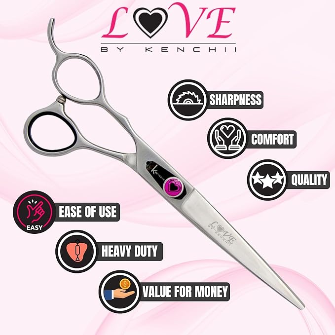 Kenchii Love Left Handed Dog Grooming Scissors, 7 Inch Straight Shears, Dog Scissors for Grooming, Professional Pet Grooming Scissors, Ergonomic &amp; Comfortable