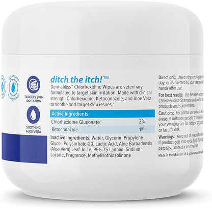 Vetnique Dermabliss Chlorhexidine for Dogs Skin Health Antibacterial Wipes for Dogs for Infections, Irritation &amp; Redness Relief (Skin Wipes, 50 Count)