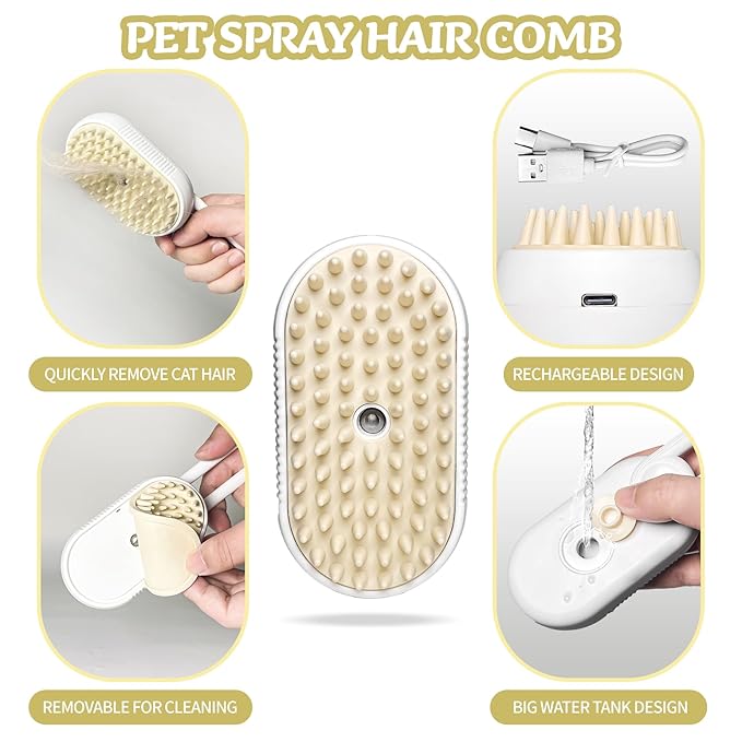 3-in-1 Rechargeable Steam Brush for Cats &amp; Dogs - Anti-Static Spray Pet Grooming Brush with Warm Mist Massage, Hair Shedding Control, Detangling Comb &amp; Cleaning Tool for Effective Deshedding