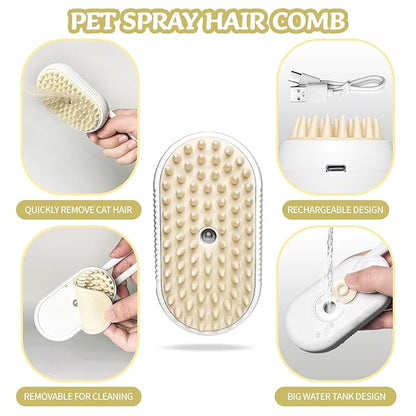3-in-1 Rechargeable Steam Brush for Cats &amp; Dogs - Anti-Static Spray Pet Grooming Brush with Warm Mist Massage, Hair Shedding Control, Detangling Comb &amp; Cleaning Tool for Effective Deshedding
