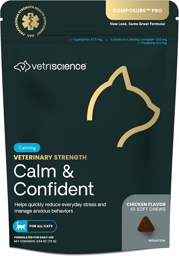 VetriScience Veterinary Strength Calm &amp; Confident Chews - Stress Supplement for Cats - Supports Brain Function for Cats - with L-Theanine, Thiamine &amp; More - 45 Count