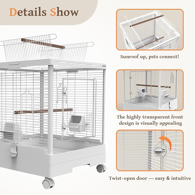 Clear View Bird Cage with Play Top, Modern Rolling Flight Cage for Parakeets, Cockatiels, Conures, Lovebirds, White Parrot Cage with 0.4" Bar Spacing, Slide-Out Tray &amp; Accessories