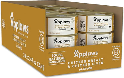 Applaws Natural Wet Cat Food in Broth, Limited Ingredient Canned Wet Cat Food, No Additives, Made with Natural Ingredients, Chicken Breast &amp; Liver in Broth (24 x 2.47oz Cans)