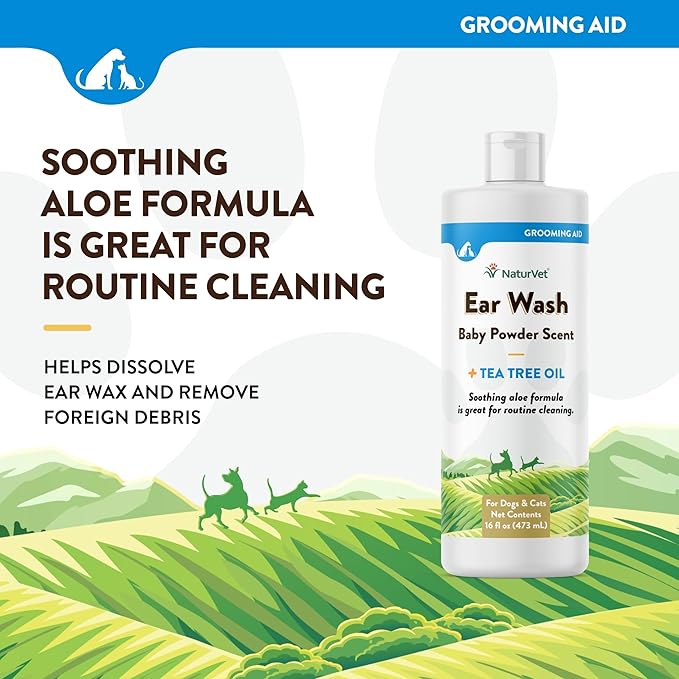 NaturVet Ear Wash Liquid Supplement for Dogs &amp; Cats – Pet Health Supplement Cleans Dog, Cat Ear Canals – Includes Aloe, Tea Tree Oil – Helps Remove Pet Ear Wax, Dirt, Debris – 16 Oz.