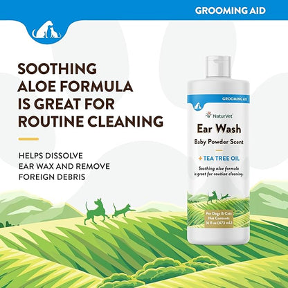 NaturVet Ear Wash Liquid Supplement for Dogs &amp; Cats – Pet Health Supplement Cleans Dog, Cat Ear Canals – Includes Aloe, Tea Tree Oil – Helps Remove Pet Ear Wax, Dirt, Debris – 16 Oz.