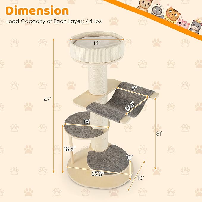 Tangkula Wood Cat Tree, 47 Inch Multi-Layer Cat Tower with 5.7” Thicker Sisal Covered Scratching Posts &amp; Carpet, Padded Top Perch, 2 Jumping Platforms, Hammock, Modern Cat Tree Tower for Indoor Cats