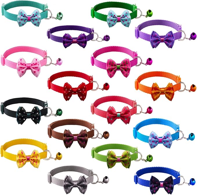16 PCS Cute Cat Collars with Bells - Breakaway Collars for Girls &amp; Small Kittens - Pink, Bowtie Design - Kitten Supplies