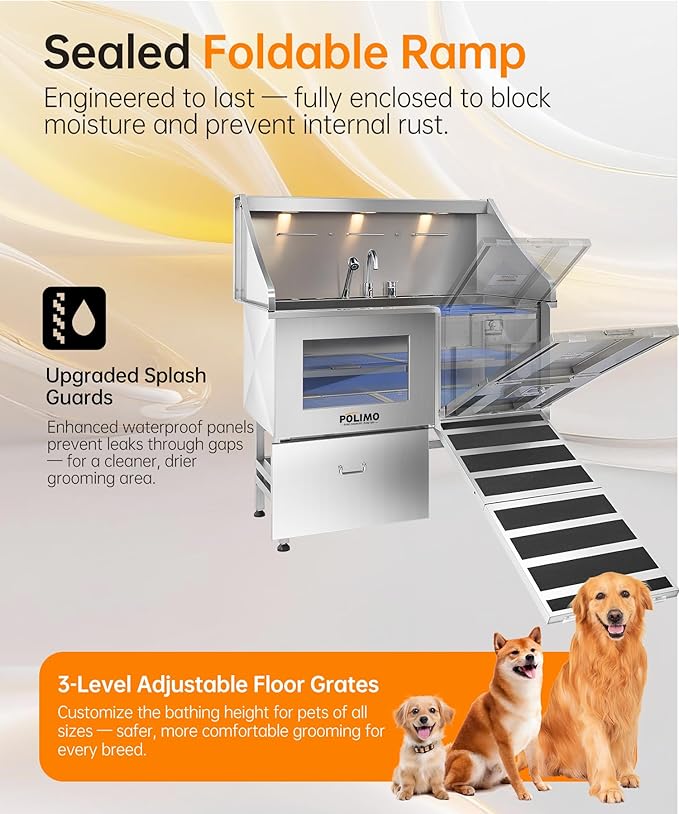 POLIMO Dog Washing Station, LED Professional Stainless Steel Dog Bathing Station 50", Dog Grooming Tub for Large, Medium &amp; Small Dog - with Window, Ramp, Drawer, Floor Grate &amp; Faucet (Right RAMP, 50")