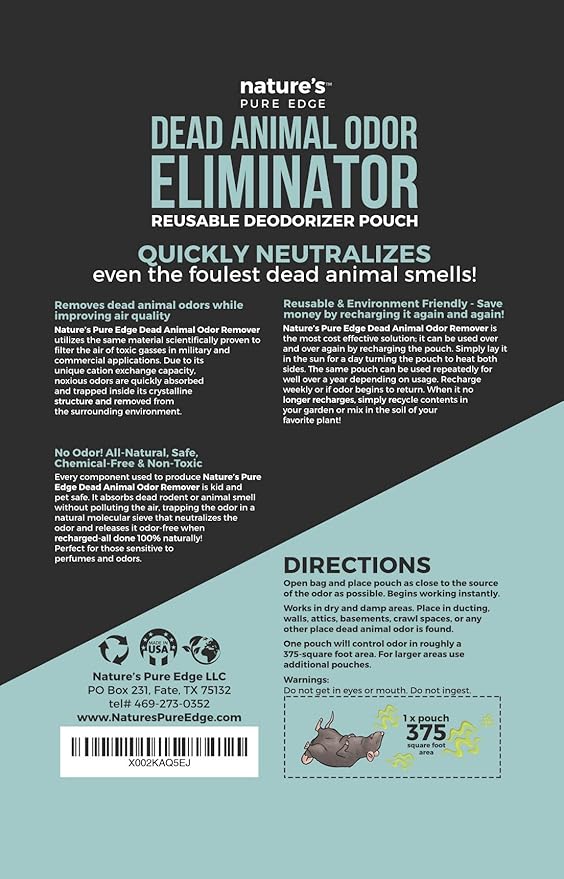 Dead Animal Smell Eliminator Pouch – Fragrance-Free, Reusable Deodorizer for Attic, Wall, Crawlspaces. Removes Decay Odor, Pet &amp; Kid Safe, Extra Large, Covers Up to 375 Sq Ft.