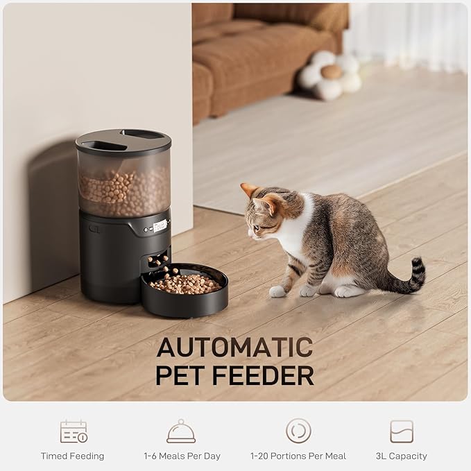 Automatic Cat Feeder: 3L Auto Food Dispenser with Timed Feeding| 6 Meal Programmable&amp; 1-20 Portion Precise Control- Easy to Clean &amp; Setup for Cat Indoor| Desiccant Bag Keep Food Fresh