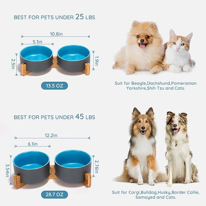 SPUNKYJUNKY Ceramic Dog and Cat Bowl Set with Wooden Stand, Modern Cute Weighted Food Water Set for Small Size Dogs (13.5OZ) &amp; Medium Sized Dogs (28.7OZ) &amp; Cats (3.6 Cups, 2 × Blue-Grey)