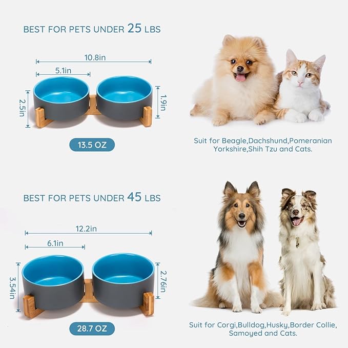SPUNKYJUNKY Ceramic Dog and Cat Bowl Set with Wooden Stand, Modern Cute Weighted Food Water Set for Small Size Dogs (13.5OZ) &amp; Medium Sized Dogs (28.7OZ) &amp; Cats (1.7 Cups, 2 × Blue-Grey)