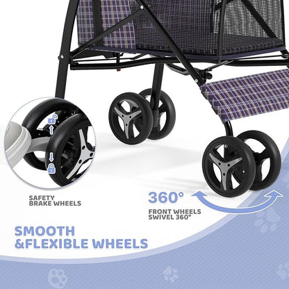 Magshion Compact Pet Stroller for Small-Medium Dogs/Cats up to 22lbs, 4-Wheel Lightweight Umbrella Shaped Portable Puppy Travel Jogger with Breathable Mesh &amp; Rear Storage, Plaid