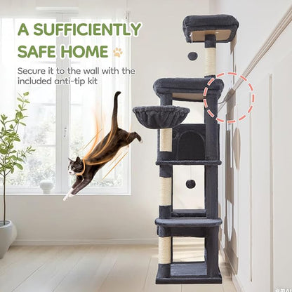 Taoqimiao MS042G Cat Tree,66-inch Large Cat Tower with Scratching Posts, Luxurious Large Platform for Big Cats with Soft Hammock, Adjustable Basket, Deluxe Cat Cando, Top Perch Smoke Gray