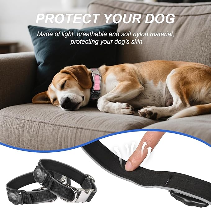 Waterproof Airtag Dog Collar - Nylon Collar with Durable Airtag Holder, Reflective&amp;Anti-Lost with Safety Metal Buckle, Soft Padded Adjustable for Small Medium Large Dogs Black XL